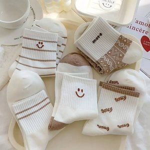 5-Pack Cute Brown Smiley Face Womens Cotton Socks